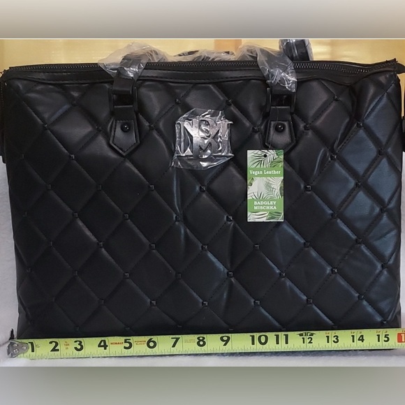 NWT Badgley Mischka Vegan Leather Elegant Black Quilted Tote Bag - Picture 6 of 10